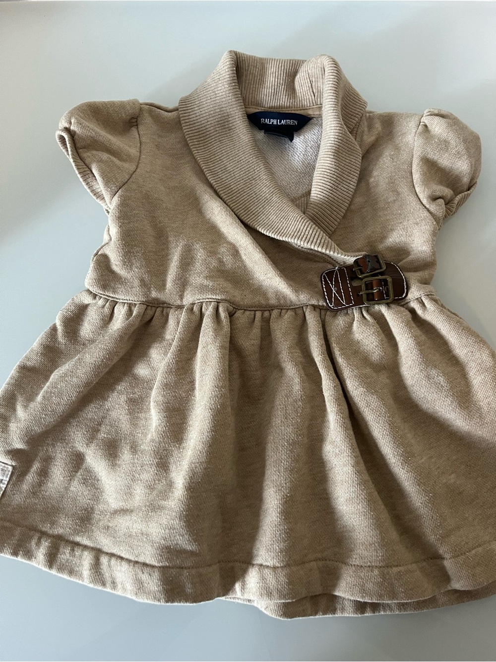 Ralph Lauren Tan Shawl-Collar Knit Dress with Buckle Accent